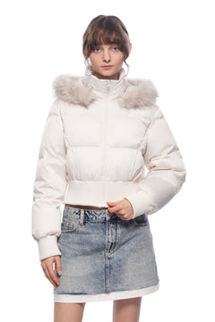 Light Apricot Hooded Down Jacket With Detachable Fur Collar - ANN ANDELMAN
