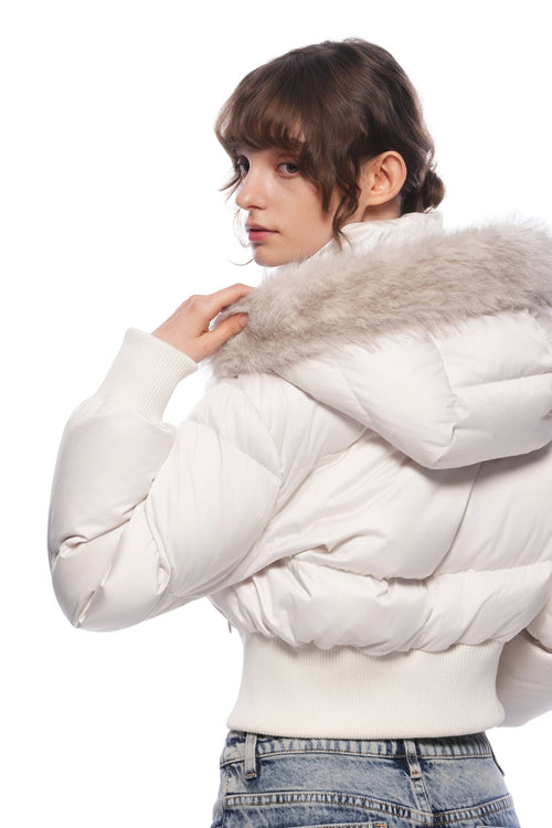 Light Apricot Hooded Down Jacket With Detachable Fur Collar - ANN ANDELMAN