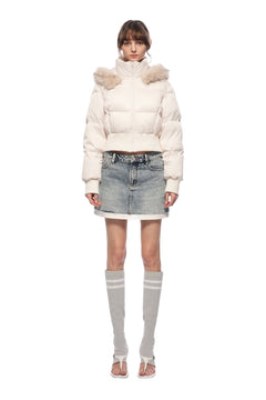 Light Apricot Hooded Down Jacket With Detachable Fur Collar - ANN ANDELMAN