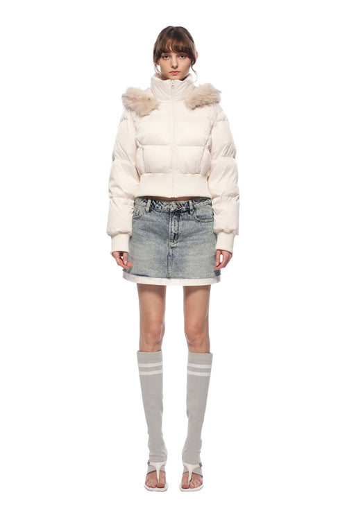 Light Apricot Hooded Down Jacket With Detachable Fur Collar - ANN ANDELMAN