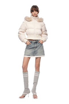 Light Apricot Hooded Down Jacket With Detachable Fur Collar - ANN ANDELMAN