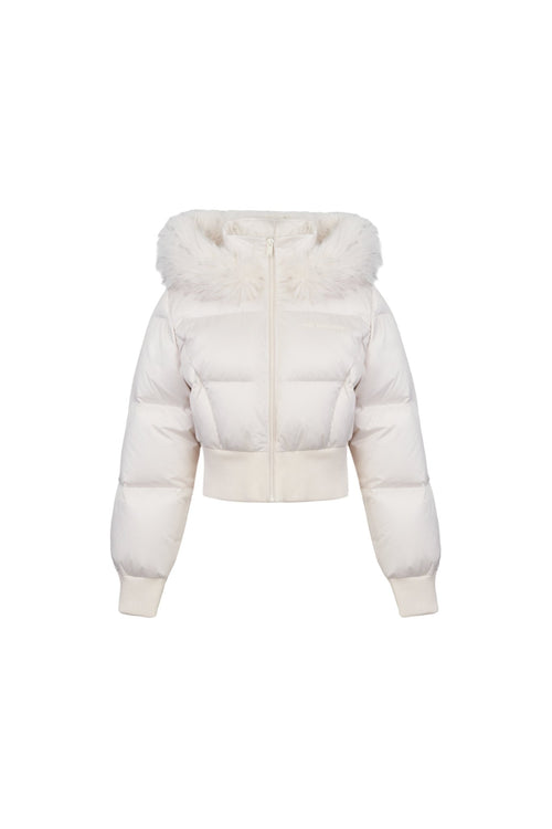 Light Apricot Hooded Down Jacket With Detachable Fur Collar - ANN ANDELMAN
