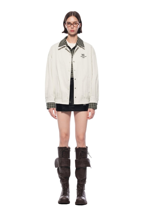 Light Apricot Plaid Patchwork Faux Two - piece Loose Coat - ANN ANDELMAN