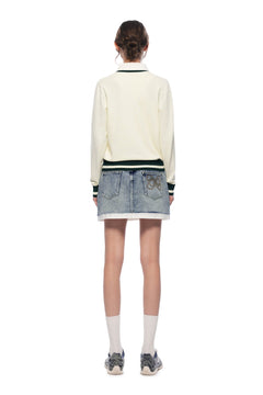 Light Apricot Polo Collar Faux Two - piece Knit Sweater - ANN ANDELMAN