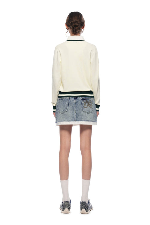 Light Apricot Polo Collar Faux Two - piece Knit Sweater - ANN ANDELMAN