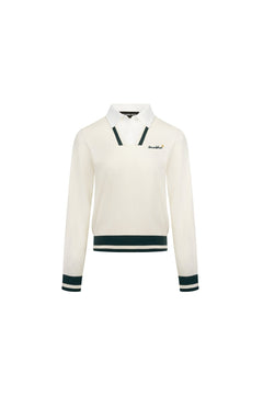 Light Apricot Polo Collar Faux Two - piece Knit Sweater - ANN ANDELMAN