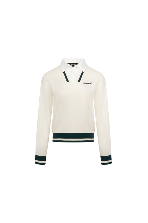 Light Apricot Polo Collar Faux Two - piece Knit Sweater - ANN ANDELMAN