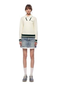 Light Apricot Polo Collar Faux Two - piece Knit Sweater - ANN ANDELMAN