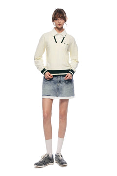 Light Apricot Polo Collar Faux Two - piece Knit Sweater - ANN ANDELMAN