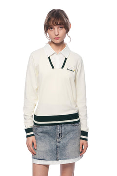 Light Apricot Polo Collar Faux Two - piece Knit Sweater - ANN ANDELMAN