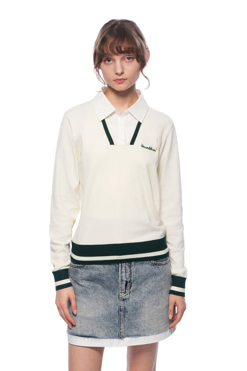 Light Apricot Polo Collar Faux Two - piece Knit Sweater - ANN ANDELMAN