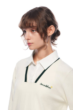 Light Apricot Polo Collar Faux Two - piece Knit Sweater - ANN ANDELMAN