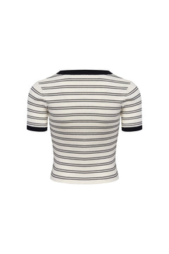 Light Apricot Square Collar Striped Knitted Short Sleeves - ANN ANDELMAN