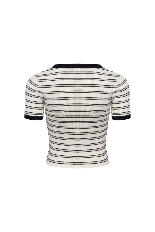 Light Apricot Square Collar Striped Knitted Short Sleeves - ANN ANDELMAN