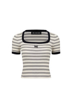 Light Apricot Square Collar Striped Knitted Short Sleeves - ANN ANDELMAN