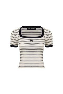 Light Apricot Square Collar Striped Knitted Short Sleeves - ANN ANDELMAN