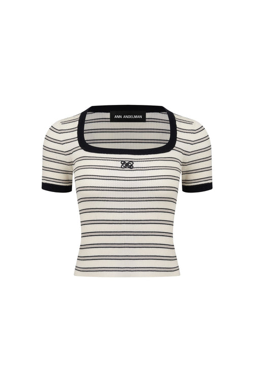 Light Apricot Square Collar Striped Knitted Short Sleeves - ANN ANDELMAN