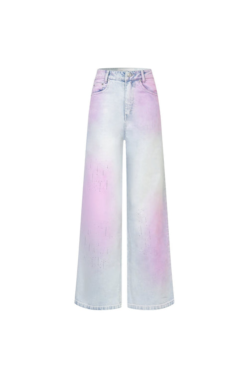 Light Blue And Pink Gradient Rhinestone Straight Wide - leg Jeans - ANN ANDELMAN