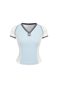 Light Blue Color - blocked V - neck Sports T-shirt - ANN ANDELMAN
