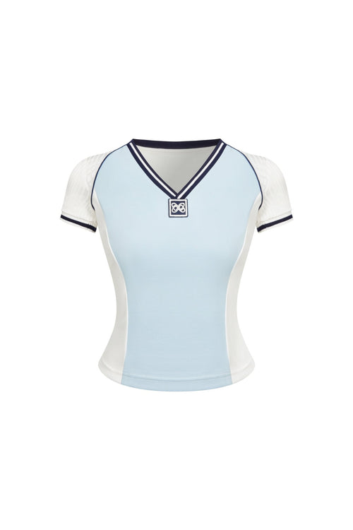 Light Blue Color - blocked V - neck Sports T-shirt - ANN ANDELMAN