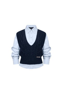 Light Blue Two - piece Preppy Style Long - sleeved Shirt - ANN ANDELMAN