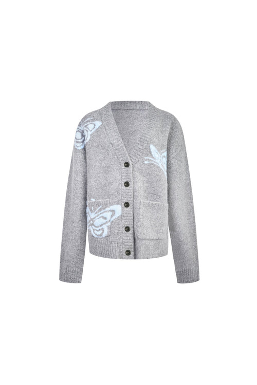 Light Gray Butterfly Jacquard V - neck Cardigan - ANN ANDELMAN