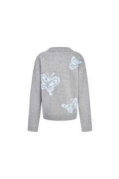 Light Gray Butterfly Jacquard V - neck Cardigan - ANN ANDELMAN
