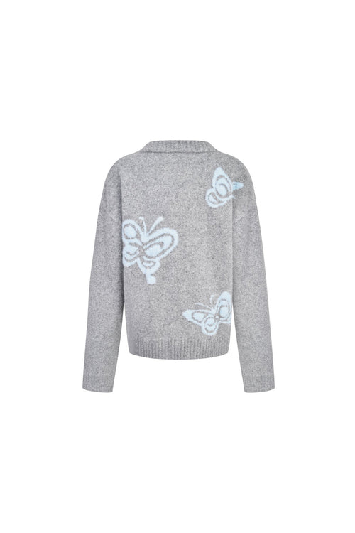 Light Gray Butterfly Jacquard V - neck Cardigan - ANN ANDELMAN