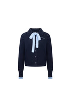Navy Blue Collared Tie - front Knit Cardigan - ANN ANDELMAN