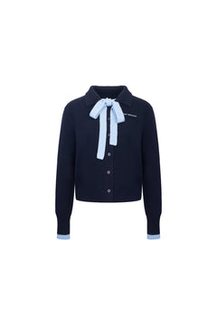 Navy Blue Collared Tie - front Knit Cardigan - ANN ANDELMAN