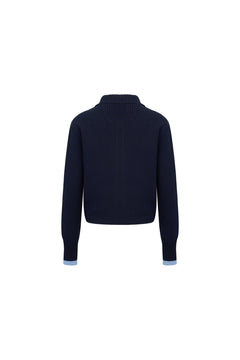 Navy Blue Collared Tie - front Knit Cardigan - ANN ANDELMAN