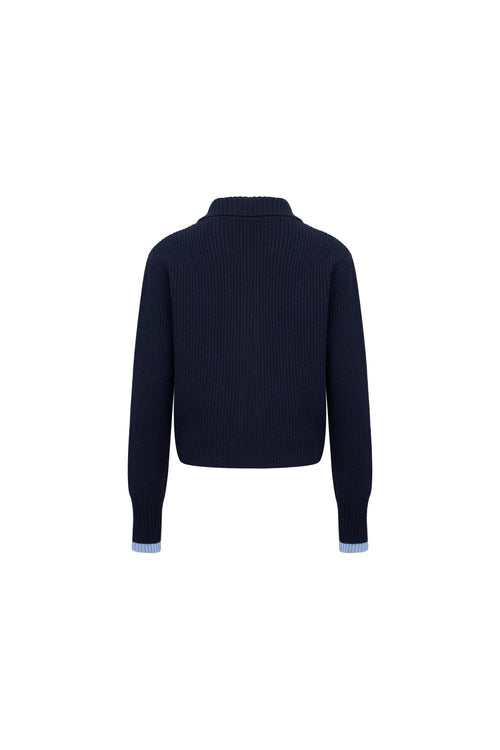 Navy Blue Collared Tie - front Knit Cardigan - ANN ANDELMAN