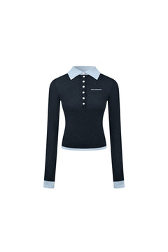 Navy Blue Color - blocked Faux Two - piece Knit Top - ANN ANDELMAN