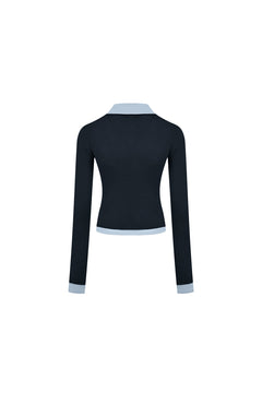 Navy Blue Color - blocked Faux Two - piece Knit Top - ANN ANDELMAN