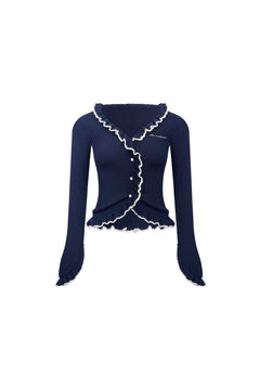 Navy Blue Color - blocked Ruffled V - neck Cardigan - ANN ANDELMAN