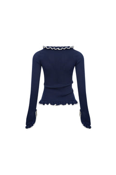 Navy Blue Color - blocked Ruffled V - neck Cardigan - ANN ANDELMAN