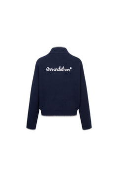 Navy blue Embroidered Slim Fit Stand Collar Knit Jacket - ANN ANDELMAN