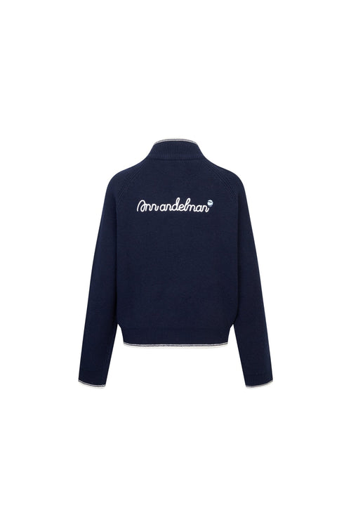 Navy blue Embroidered Slim Fit Stand Collar Knit Jacket - ANN ANDELMAN