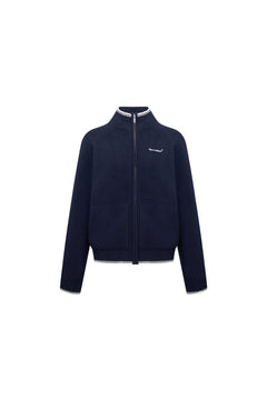 Navy blue Embroidered Slim Fit Stand Collar Knit Jacket - ANN ANDELMAN