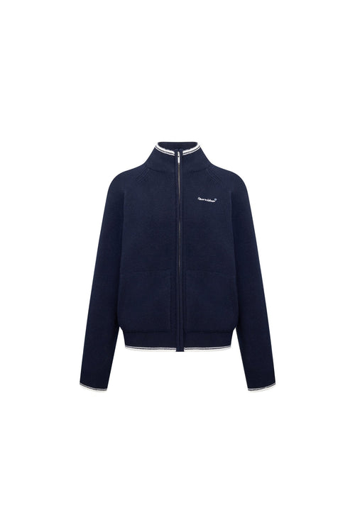 Navy blue Embroidered Slim Fit Stand Collar Knit Jacket - ANN ANDELMAN