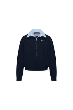 Navy Blue Faux Two - piece Patchwork Shirt Collar Jacket - ANN ANDELMAN