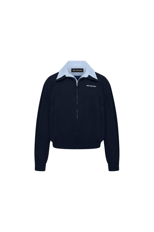 Navy Blue Faux Two - piece Patchwork Shirt Collar Jacket - ANN ANDELMAN