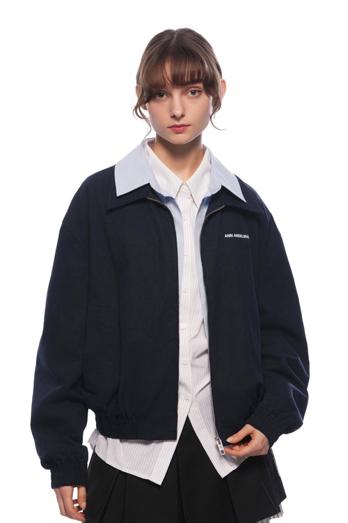 Navy Blue Faux Two - piece Patchwork Shirt Collar Jacket - ANN ANDELMAN