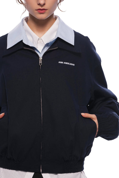 Navy Blue Faux Two - piece Patchwork Shirt Collar Jacket - ANN ANDELMAN