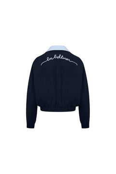 Navy Blue Faux Two - piece Patchwork Shirt Collar Jacket - ANN ANDELMAN