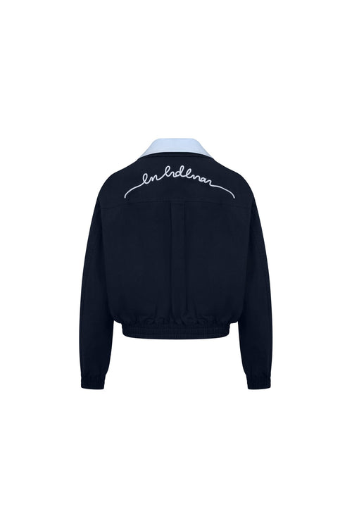 Navy Blue Faux Two - piece Patchwork Shirt Collar Jacket - ANN ANDELMAN