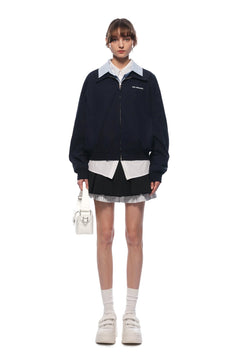 Navy Blue Faux Two - piece Patchwork Shirt Collar Jacket - ANN ANDELMAN