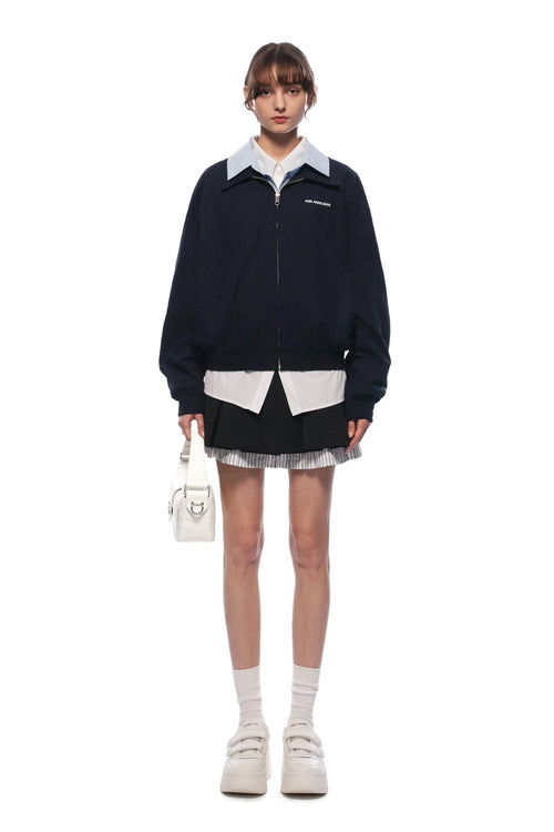 Navy Blue Faux Two - piece Patchwork Shirt Collar Jacket - ANN ANDELMAN