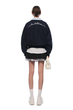 Navy Blue Faux Two - piece Patchwork Shirt Collar Jacket - ANN ANDELMAN