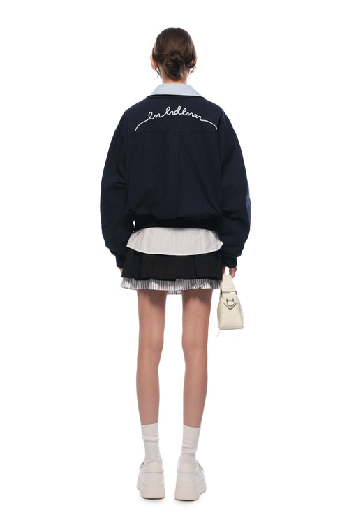 Navy Blue Faux Two - piece Patchwork Shirt Collar Jacket - ANN ANDELMAN